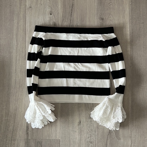 English factory lace ruffle sleeve striped off the shoulder top - Picture 7 of 13